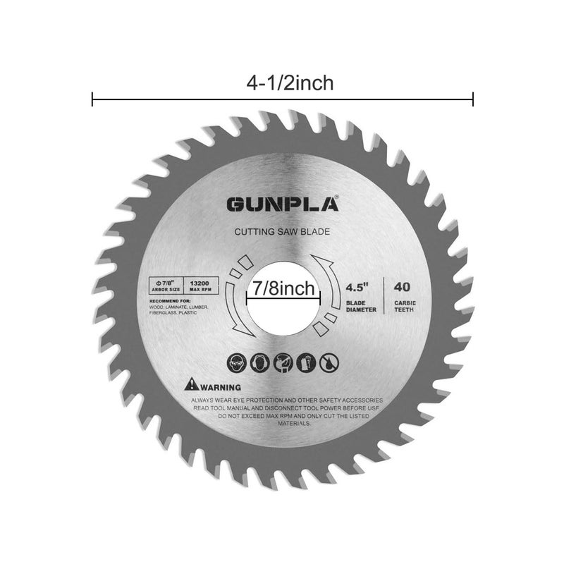 Gunpla 4-1/2-inch 40 Tooth Alloy Steel TCT General Purpose Hard & Soft Wood Cutting Saw Blade with 7/8-inch Arbor(Reduce Ring 5/8 inch) - Image 3